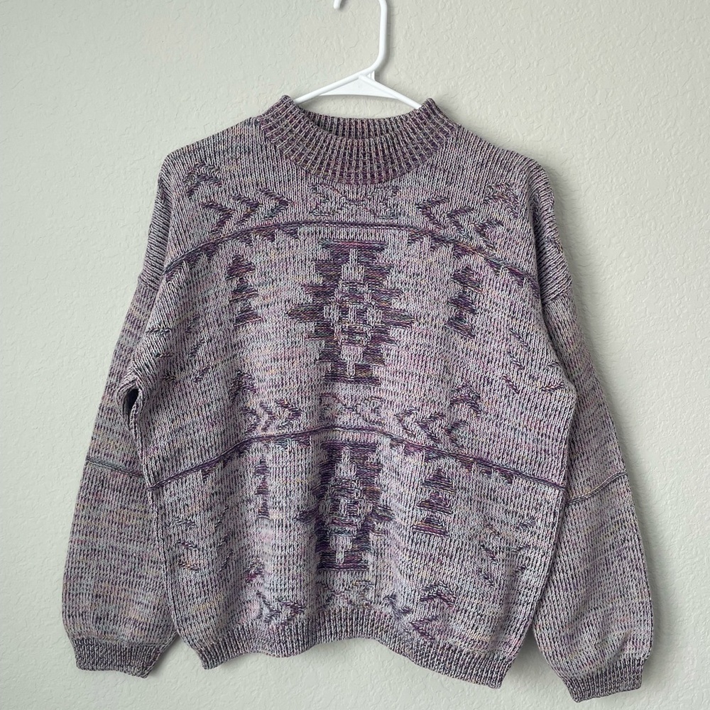 Vintage Vanderbilt Southwest Mock Neck Purple Knit Sweater Aztec Size M